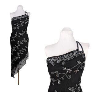 Vtg Cache Prom Dress Maxi Gown Black 12 Y2K Fairy Goth Silk Silver Floral Bead